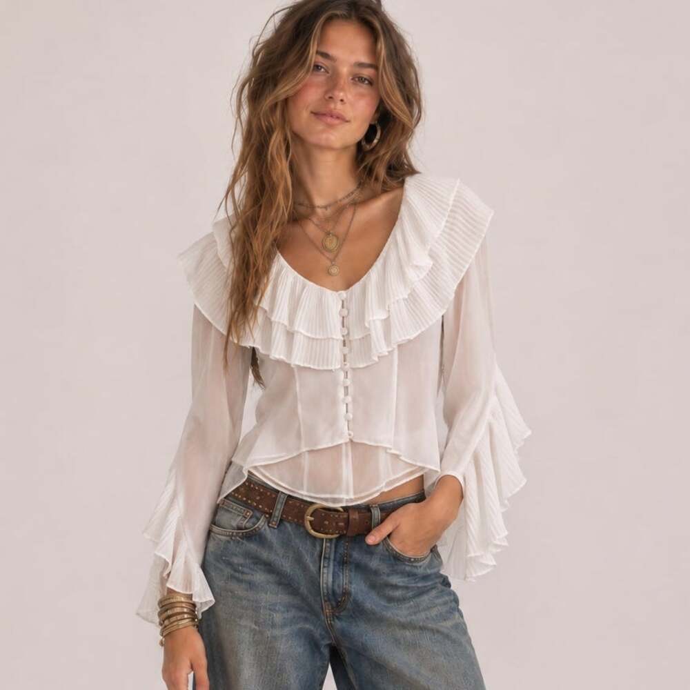 AMUR Everly Top Pleated Ruffle Button Front Blouse Small 4 White Boho Cropped